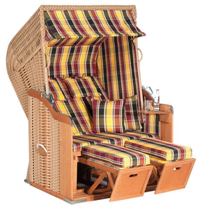 Strandkorb SunnySmart Rustikal 250 Plus aus PVC-Geflecht beige mit gelb rot schwarz kariertem Dessin 1216 als gemütlicher 2-Sitzer
