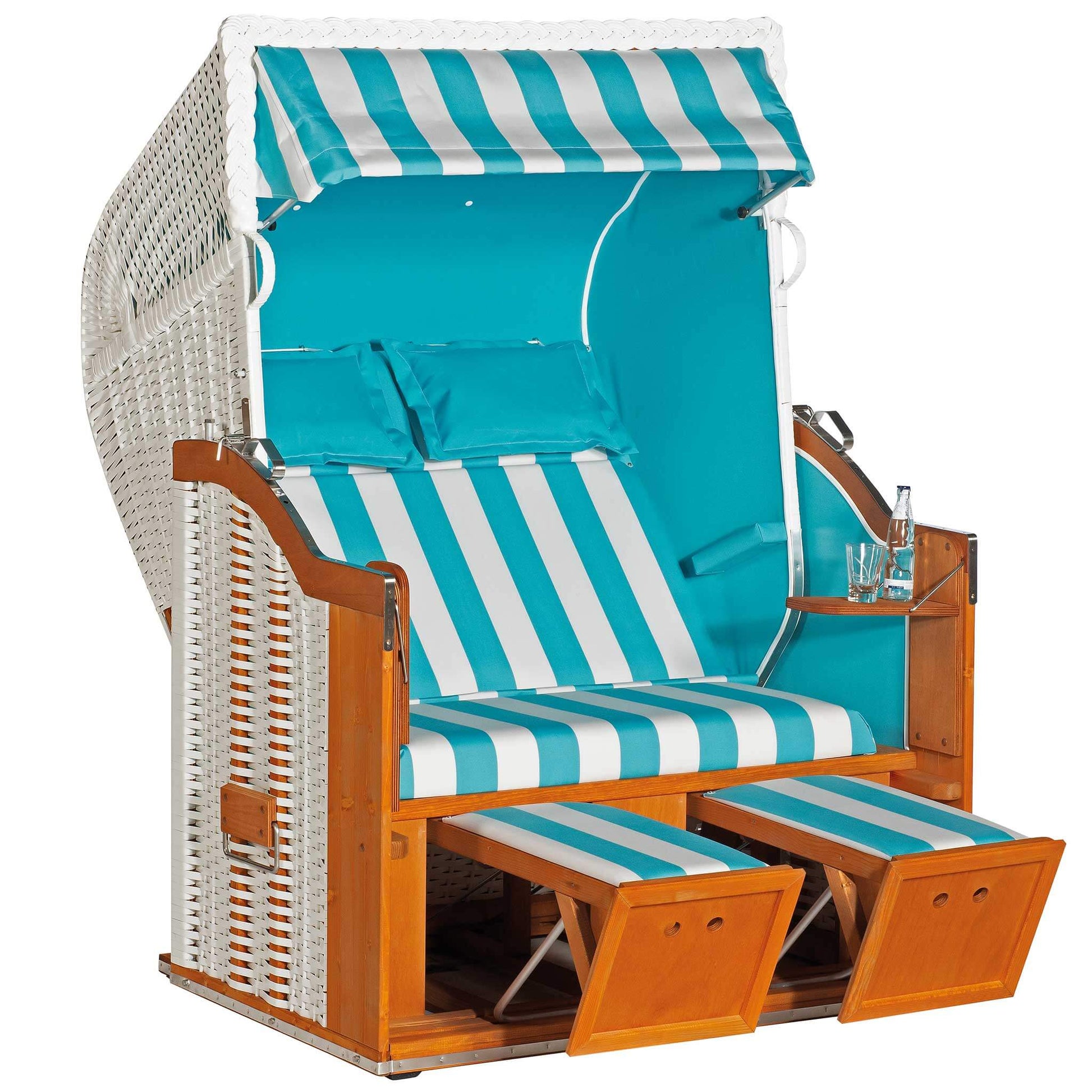 Strandkorb Sonnenpartner Modell Classic 2-Sitzer mit türkis-weißer Streifenpolsterung und Halblieger-Funktion