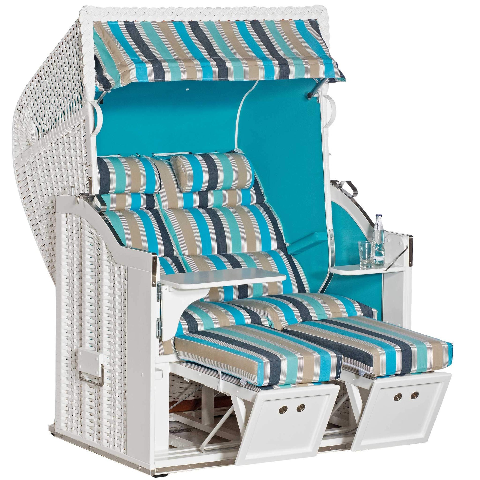 Strandkorb Classic 2-Sitzer Weiß Ocean mit türkisfarbenem Stoff und gestreiften Kissen, ideal für entspannte Stunden im Freien.