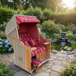 Strandkorb Teak mit rotem Polster