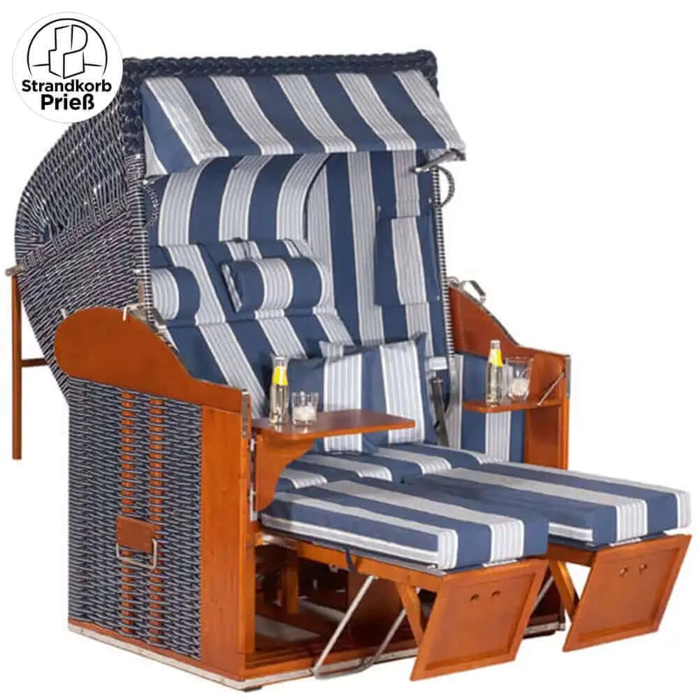 8040 Strandkorb Sonnenpartner Modell Classic Geflecht blau mit weißen Nadelstreifen, Holz Dickschichtlasur, Dessin 118 wie abgebildet - Strandkorb Prieß