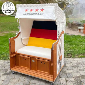 Strandkorb Sonnenpartner Modell Classic Geflecht weiss, Holz lasiert, Dessin schwarz rot gelb, Innen PVC weiss wie abgebildet - Strandkorb Prieß