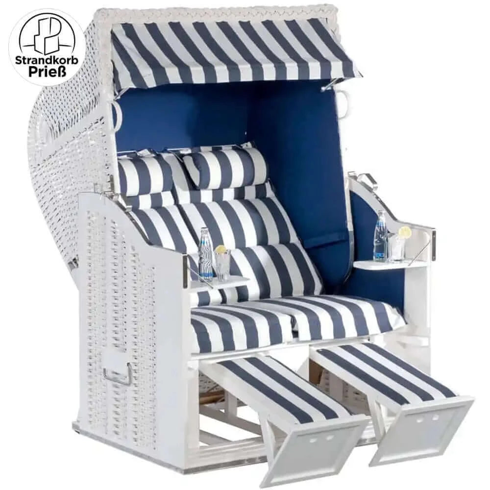 8061 Strandkorb Sonnenpartner Modell Classic Geflecht weiss, Holz weiss, Dessin Azur Innenstoff uni blau 702 wie abgebildet - Strandkorb Prieß