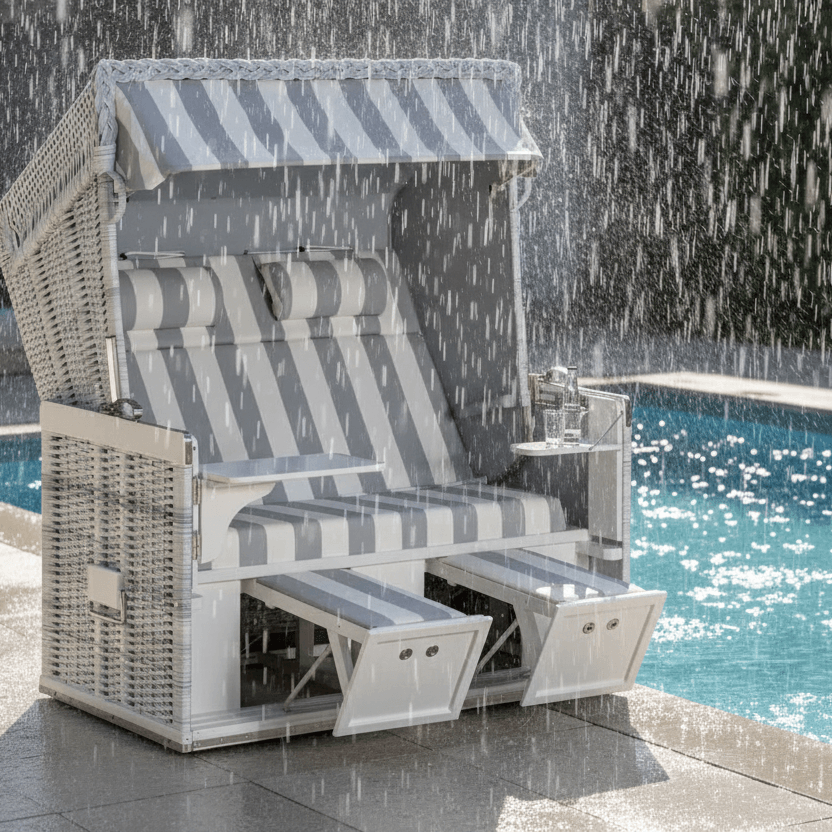 Strandkorb Sonnenpartner Modell Konsul PE Geflecht white-washed mit PVC-Stoff, wetterfest am Pool im Regen