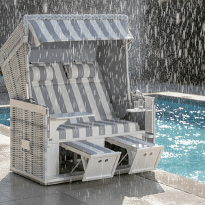 Strandkorb Sonnenpartner Modell Konsul PE Geflecht white-washed mit PVC-Stoff, wetterfest am Pool im Regen