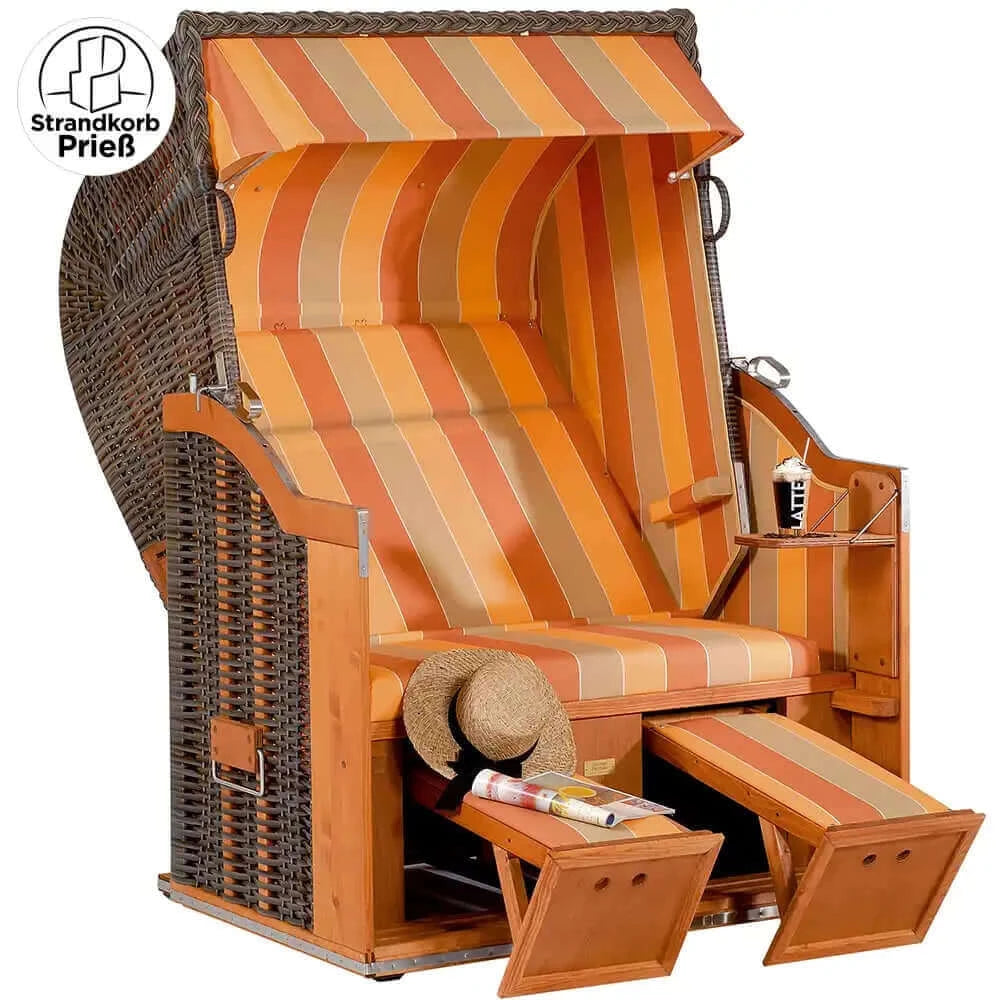 8073 Strandkorb Sonnenpartner Modell Classic PE Geflecht cappuccino, Holz lasiert, Dessin 67 wie abgebildet - Strandkorb Prieß