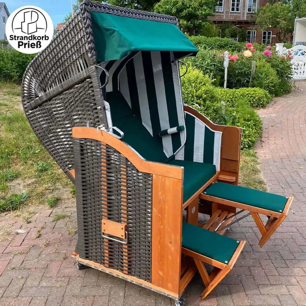 8031 Strandkorb Sonnenpartner Modell Classic Geflecht anthrazit, Holz lasiert, Dessin 704 uni grün, Seiten Himmel 50 gestreift wie abgebildet - Strandkorb Fachhandel Prieß