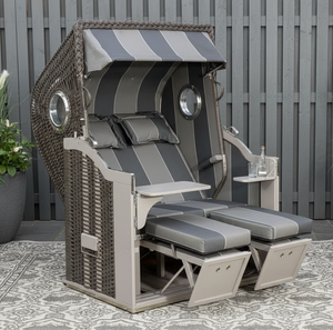Strandkorb Sonnenpartner Classic 8002 in anthrazit Geflecht mit Holz taupe und Dessin 29, Luxus-Strandkorb mit Komfort-Nackenkissen