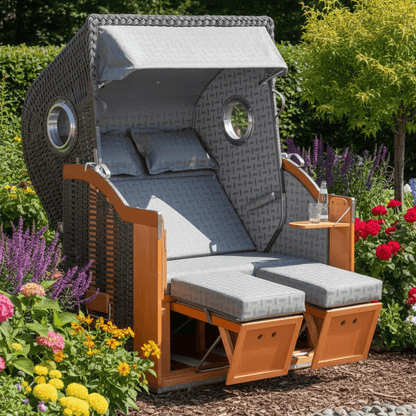Strandkorb Sonnenpartner Classic anthrazit Geflecht mit Lasurholz und Bullaugen im blühenden Garten, verstellbare Fußstützen