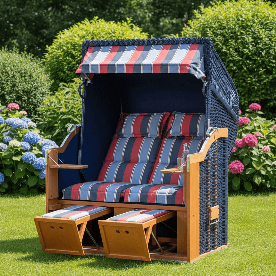 Strandkorb Sonnenpartner Classic blau mit Turin-Royo Dessin und Komfortausstattung im blühenden Garten auf Rasenfläche