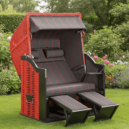 Strandkorb Sonnenpartner Classic 8014 in Rot mit schwarzem Holz und Dessin 190, verstellbarer Zweisitzer im Garten mit Fußstützen