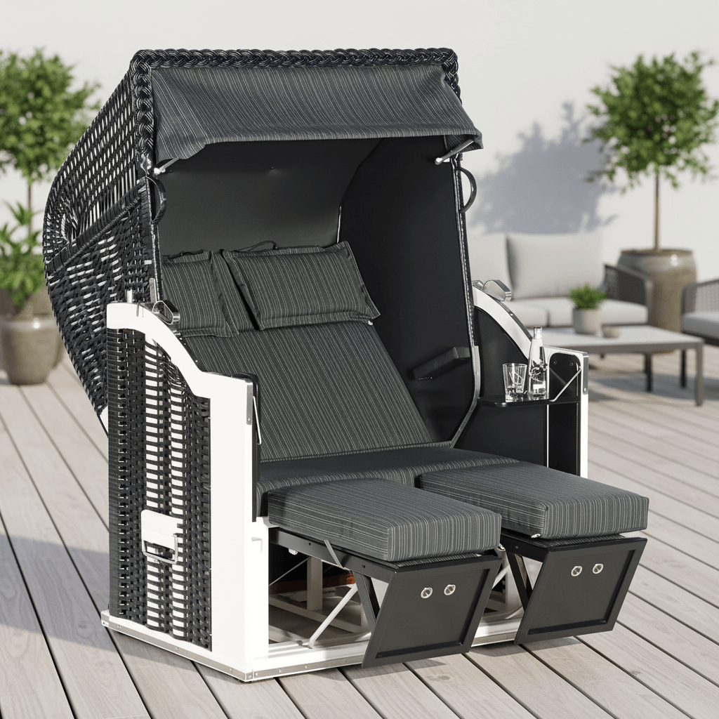 Strandkorb Sonnenpartner Classic schwarz mit weißen Holzteilen und anthrazit Dessin 68, Doppelsitzer mit Fußrasten auf Terrasse