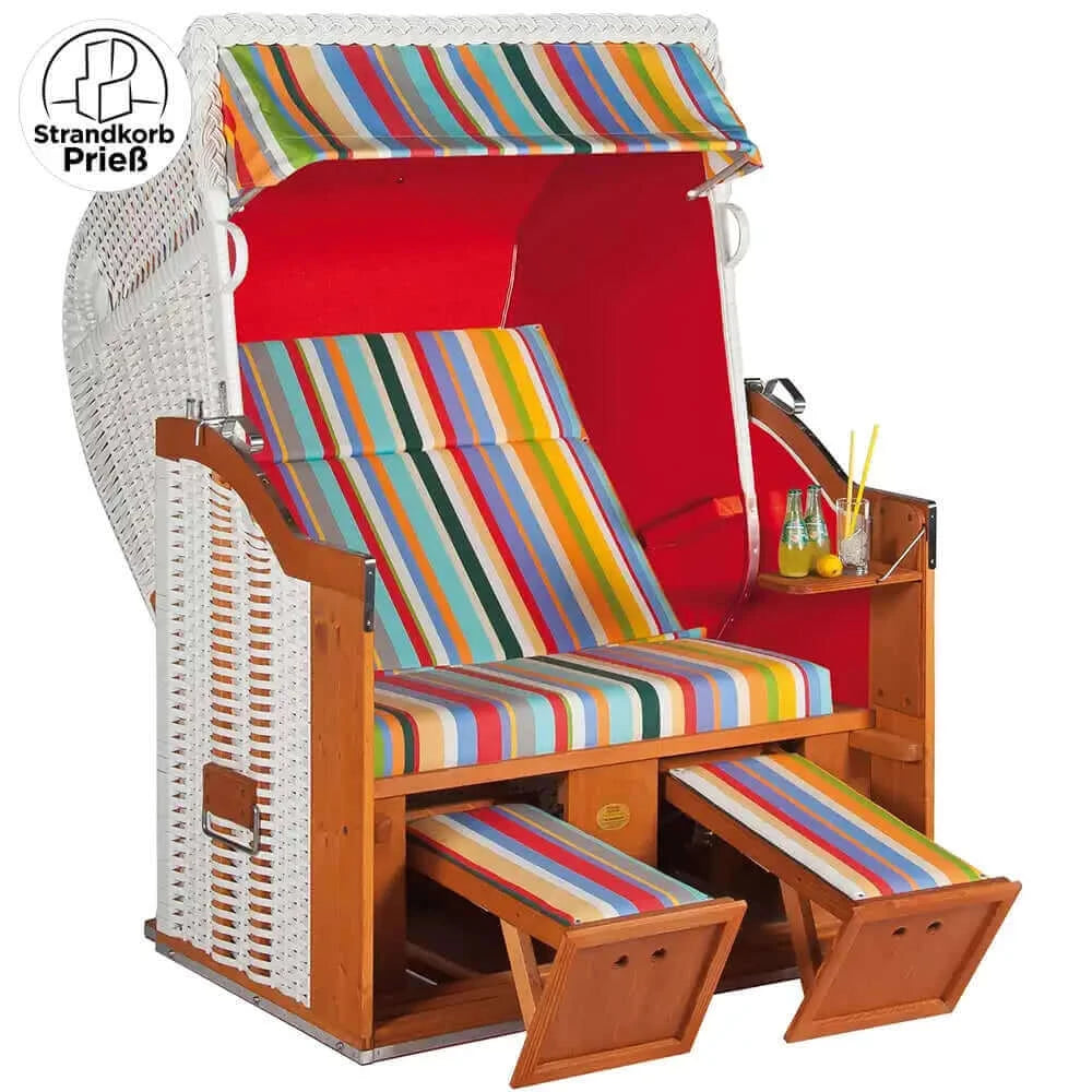 8050 Strandkorb Sonnenpartner Modell Classic Geflecht weiss, Holz lasiert, Dessin 13 Innen uni rot 712 wie abgebildet - Strandkorb Fachhandel Prieß