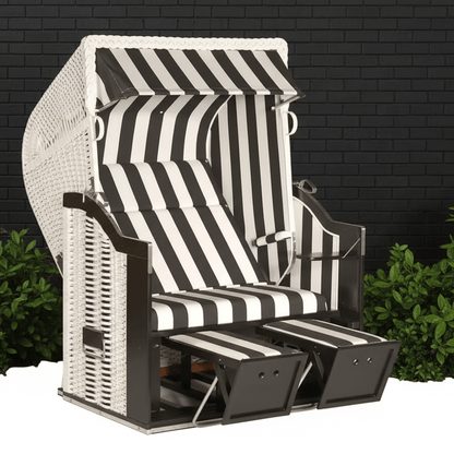 Strandkorb Sonnenpartner Classic 8057, Geflecht weiß, Holz schwarz, Dessin 83, moderner Strandkorb vor dunkler Wand