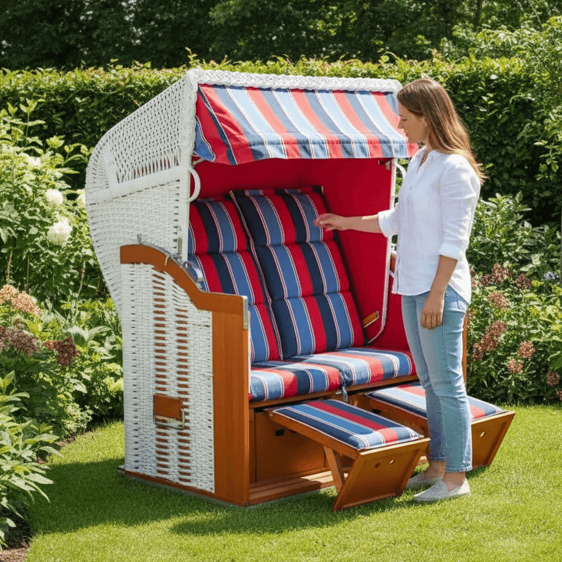Strandkorb Classic weißes Geflecht mit rot-blauem Turin-Royo Stoff, 2-Sitzer im Garten, Frau stellt Fußstützen ein