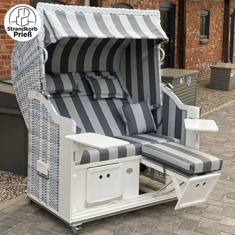 8106 Strandkorb Sonnenpartner Modell Classic Geflecht white-washed, Holz weiss, Dessin 121 wie abgebildet - Strandkorb Prieß