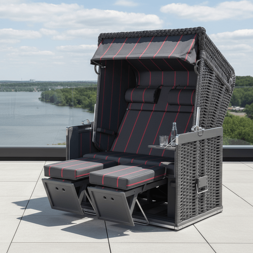 Strandkorb Sonnenpartner Konsul anthrazit mit grauem Holz und Dessin 190, komfortabler Zweisitzer mit Nackenrollen auf Terrasse mit Seeblick