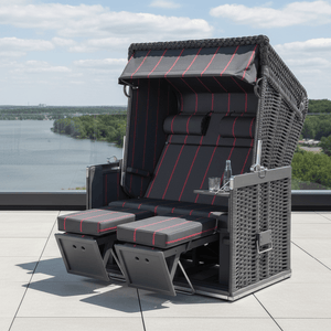 Strandkorb Sonnenpartner Konsul anthrazit mit grauem Holz und Dessin 190, komfortabler Zweisitzer mit Nackenrollen auf Terrasse mit Seeblick