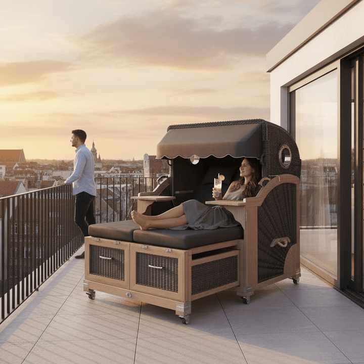 Strandkorb Lounge Stilkorb Buxtehude Teak Vintage San Sebastian anthrazit auf moderner Dachterrasse bei Sonnenuntergang