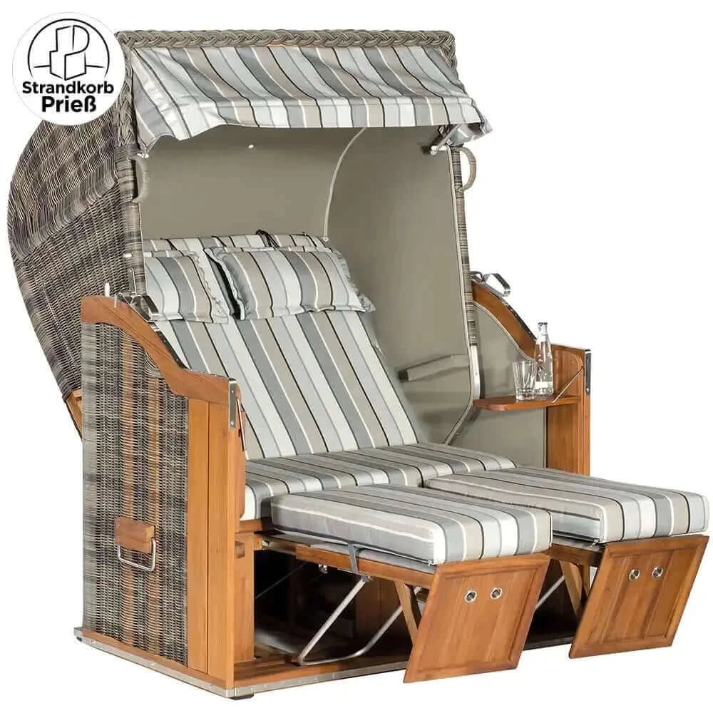 8180 Strandkorb Sonnenpartner Modell Classic Teak PE Rundgeflecht Cappuccinooptik, Dessin Tessera grau Innenstoff uni taupe 709 wie abgebildet - Strandkorb Prieß