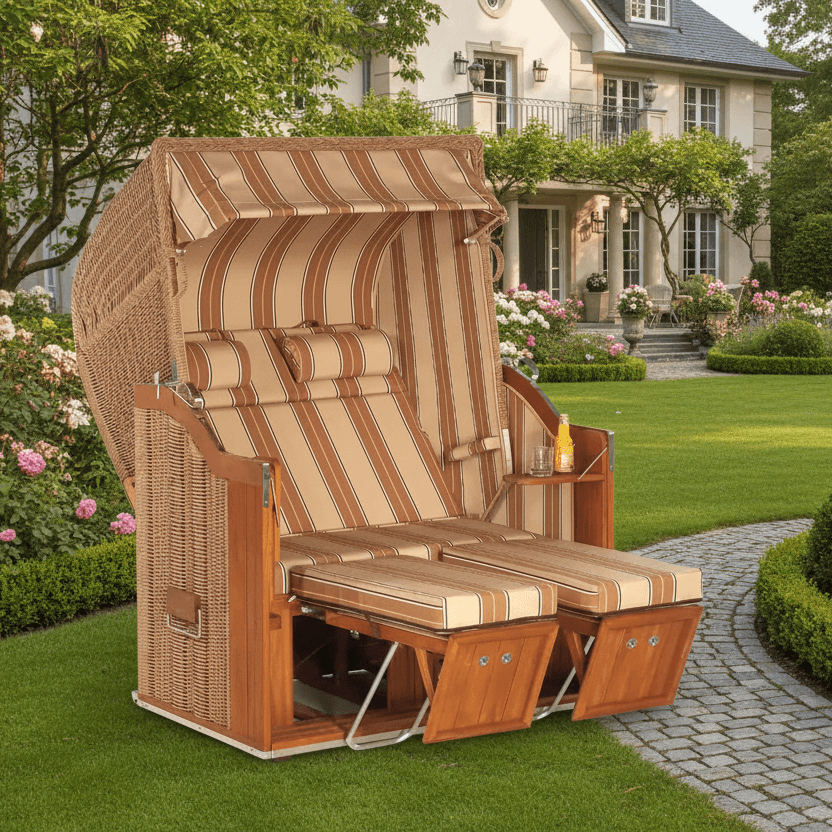 Strandkorb Sonnenpartner Classic Teak Hyazinthoptik Dessin 185 mit Nackenrollen und Fußstützkissen im Garten vor Villa
