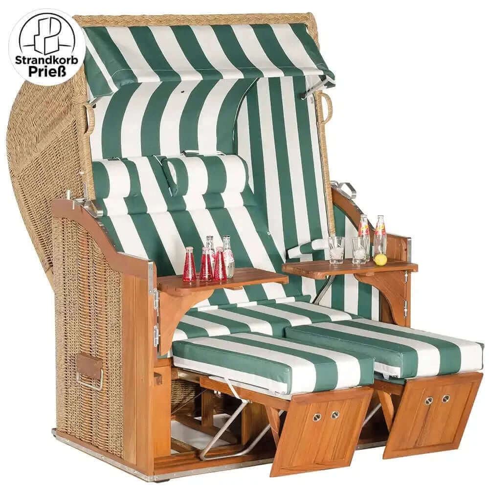 8183 Strandkorb Sonnenpartner Modell Classic Teak PE Rundgeflecht Hyazinthoptik, Dessin 50 grün weiss wie abgebildet - Strandkorb Prieß