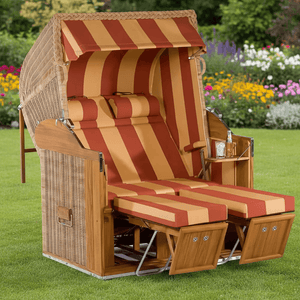 Strandkorb Sonnenpartner Classic Teak PE Rundgeflecht in Rattanoptik mit rot-gelb gestreiftem Dessin 117 und ausgezogenen Fußstützen