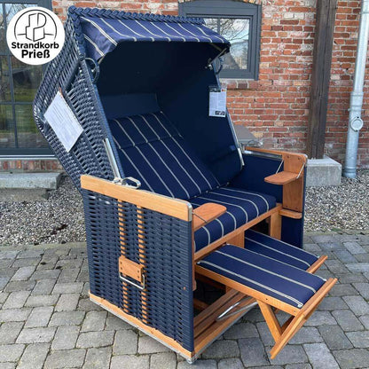 FBZ-01 Strandkorb Sonnenpartner Modell Konsul Holz natur lasiert Geflecht blau Dessin 27-702 - Strandkorb Fachhandel Prieß