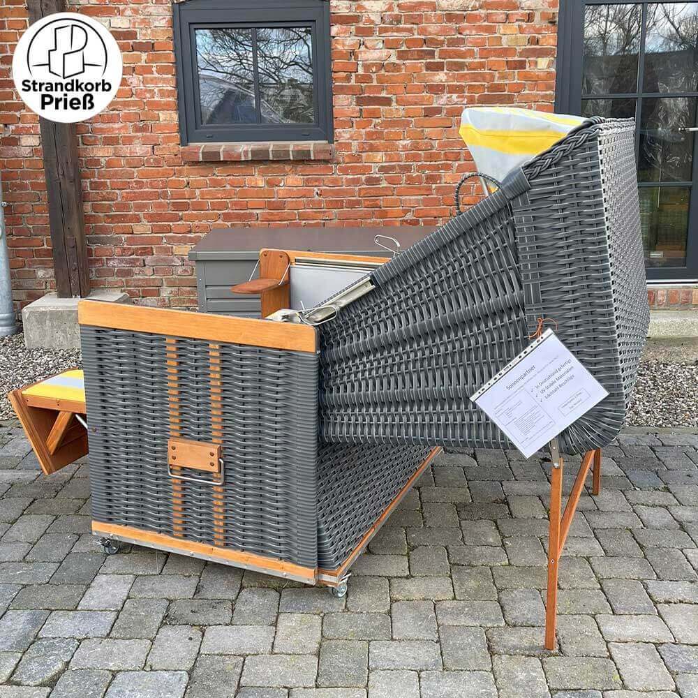 FBZ-07 Strandkorb Sonnenpartner Modell Konsul Holz natur lasiert PE-Geflecht onix Dessin 63-713 gelb grau - Strandkorb Prieß