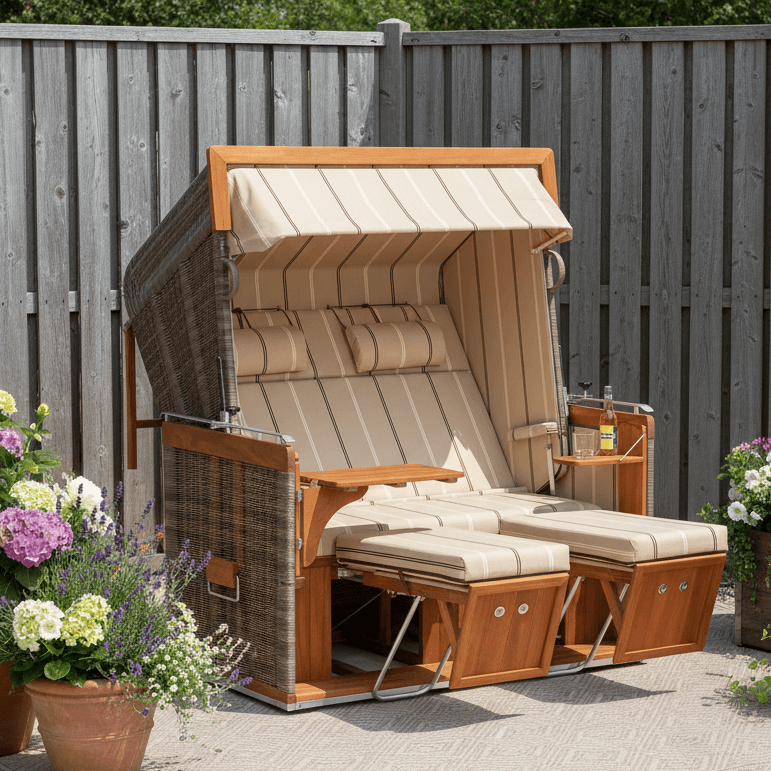 Strandkorb Sonnenpartner Modell Präsident Teak Cappuccinooptik Dessin 57 mit Fußstützenkissen und Nackenrollen auf Terrasse