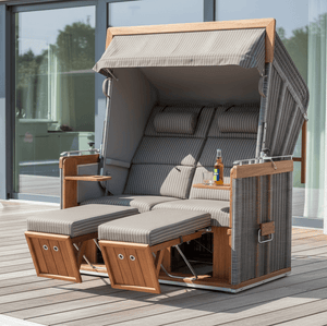 Strandkorb Sonnenpartner Präsident 8136 in Teak Cappuccinooptik Dessin Zora Bajo mit Fußstützenkissen und Bistrotisch auf Terrasse