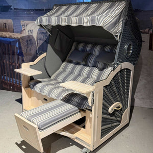 Komplettpaket A101 Strandkorb Prieß Modell Meister Holz Lärche Vintage, PE Geflecht anthrazit, wie abgebildet, 150 cm