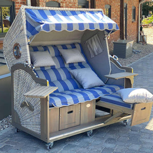 7017 Strandkorb Prieß Modell Meister, Foto zeigt Lärche Holz Vintage grau lasiert, PE Geflecht taupe, Größe wählbar, Stoffdessin wie abgebildet