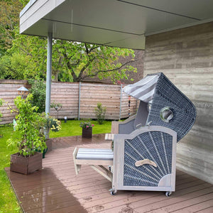 7031 Strandkorb Prieß Modell Meister, Foto zeigt Lärche Holz Vintage grau lasiert, PE Geflecht dunkelgrau, Größe wählbar, Stoffdessin wie abgebildet