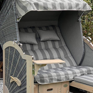 7052 Strandkorb Prieß Modell Meister, Foto zeigt Lärche Holz Vintage grau lasiert, PE Geflecht taupe, Größe wählbar, Stoffdessin wie abgebildet