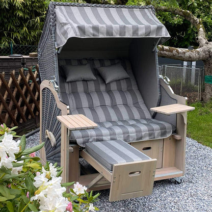 7052 Strandkorb Prieß Modell Meister, Foto zeigt Lärche Holz Vintage grau lasiert, PE Geflecht taupe, Größe wählbar, Stoffdessin wie abgebildet