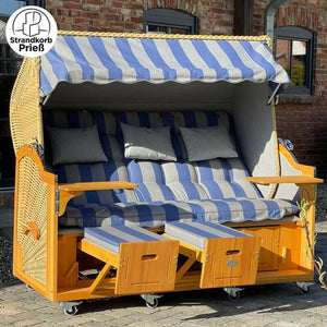 7021 Strandkorb Prieß Modell Meister, Foto zeigt Lärche Holz, PE Geflecht naturoptik, Größe wählbar,  Stoffdessin wie abgebildet - Strandkorb Fachhandel Prieß