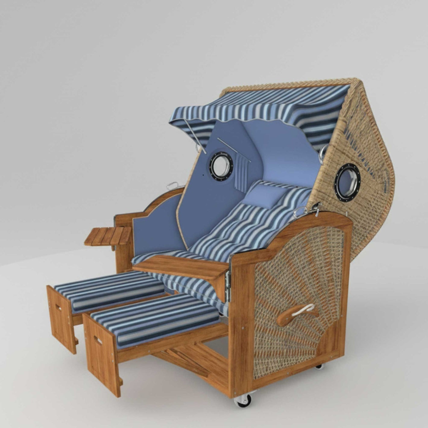Strandkorb mit blauem Stoff und Naturoptik Geflecht