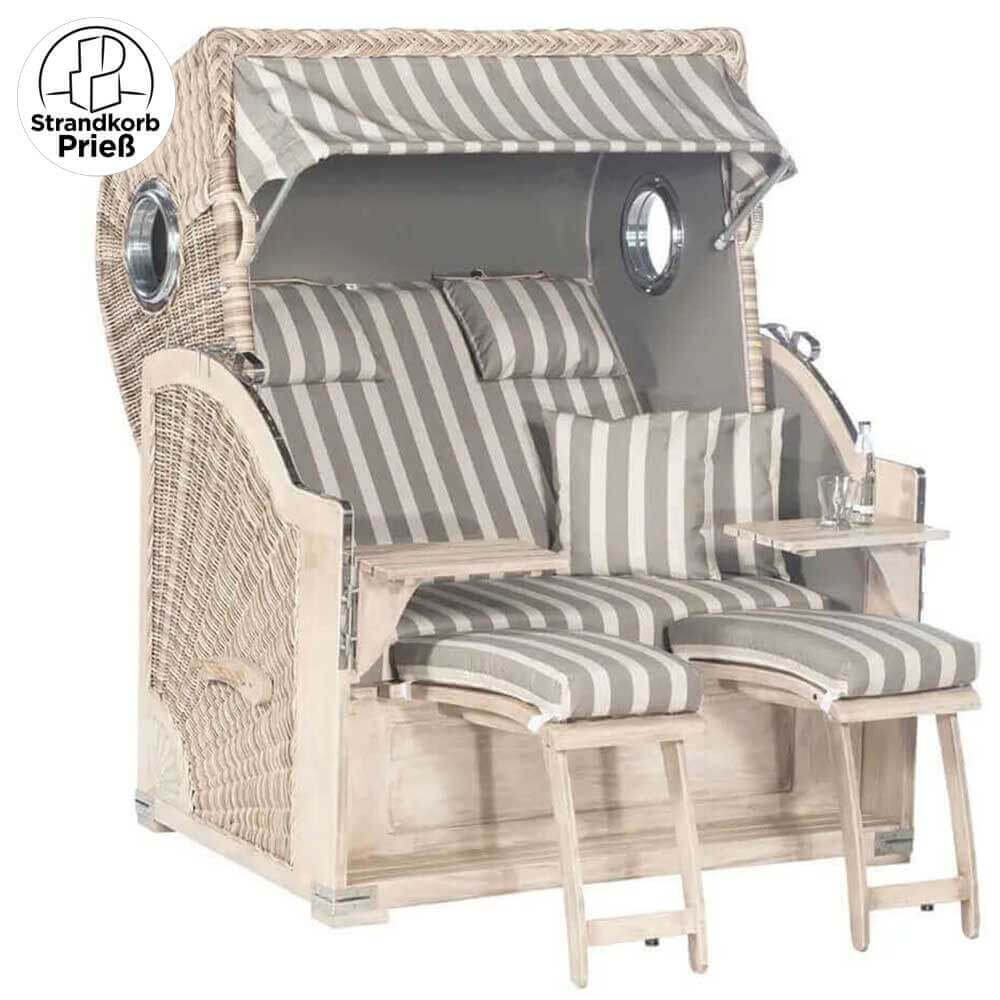 Strandkorb SunnySmart Rustikal 500 PLUS Comfort, mit Bullaugen, Mahagoni-Holz smoke-white, PE-Geflecht antik-weiß, Dessin 1251 - Strandkorb Prieß