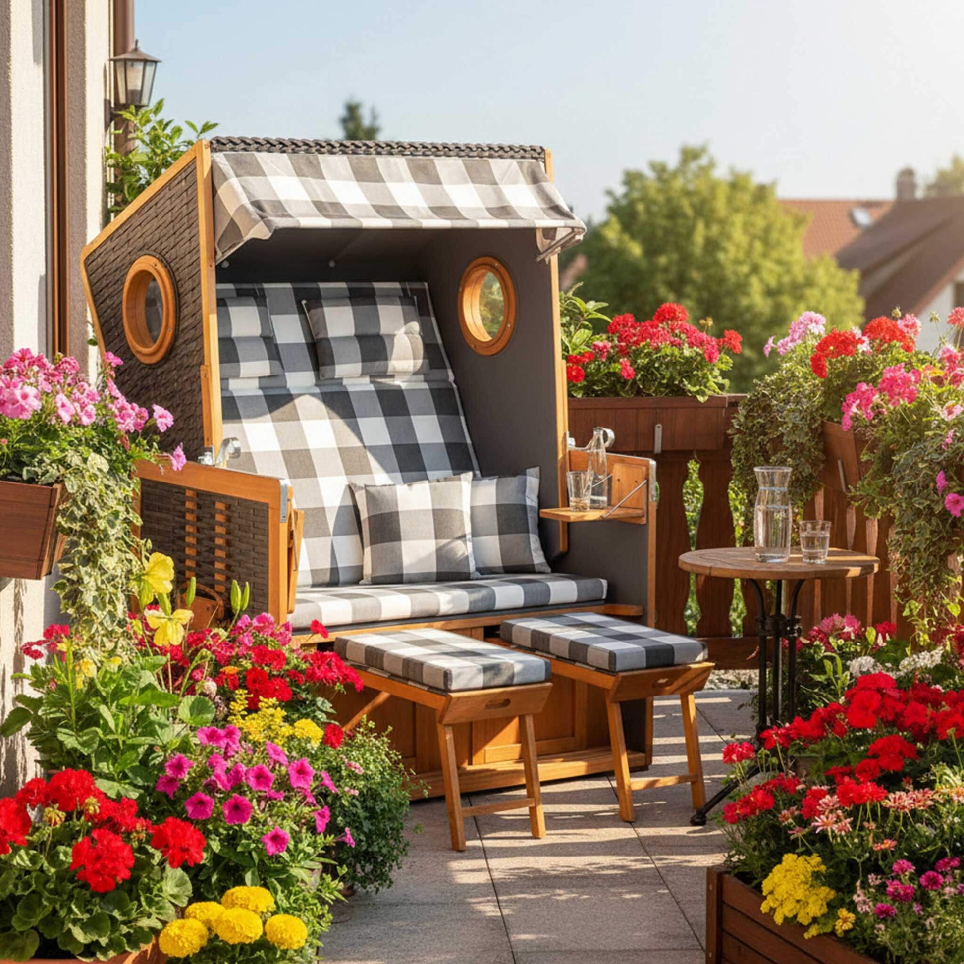 Strandkorb Rustikal 110 Z zwischen Blumen auf dem Balkon