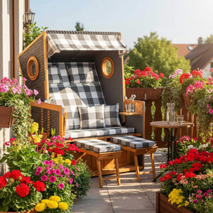 Strandkorb Rustikal 110 Z zwischen Blumen auf dem Balkon