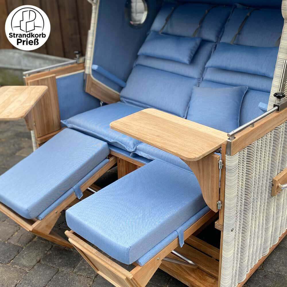 Strandkorb Modell Sylt Teak XL PE Rundgeflecht antik-weiss Dessin Panama Ice wie abgebildet - Strandkorb Fachhandel Prieß