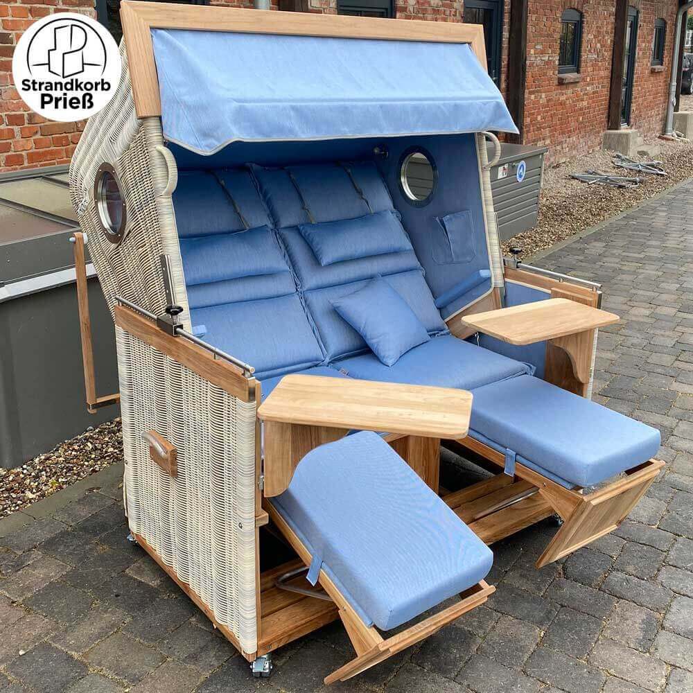 Strandkorb Modell Sylt Teak XL PE Rundgeflecht antik-weiss Dessin Panama Ice wie abgebildet - Strandkorb Fachhandel Prieß