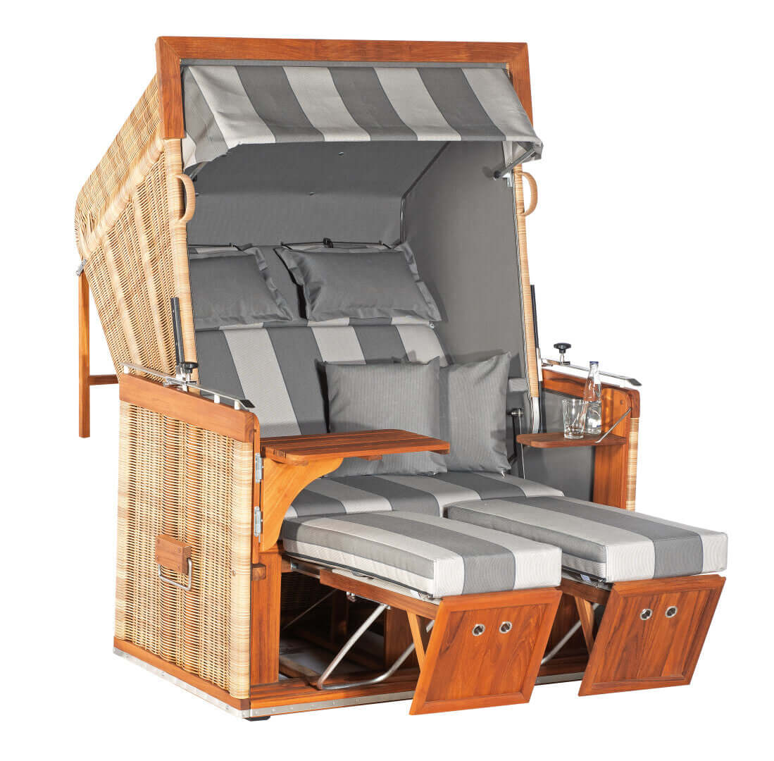 Strandkorb Sonnenpartner Präsident Teak Rundgeflecht Rattanoptik grau gestreift mit Kissen, Nackenrollen und Fußstützen
