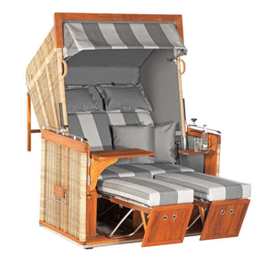 Strandkorb Sonnenpartner Präsident Teak Rundgeflecht Rattanoptik grau gestreift mit Kissen, Nackenrollen und Fußstützen