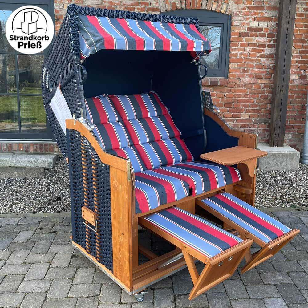 Strandkorb Sonnenpartner Modell Classic Holz natur lasiert Geflecht blau Dessin Turin Royo 9860-702 blau - Strandkorb Prieß