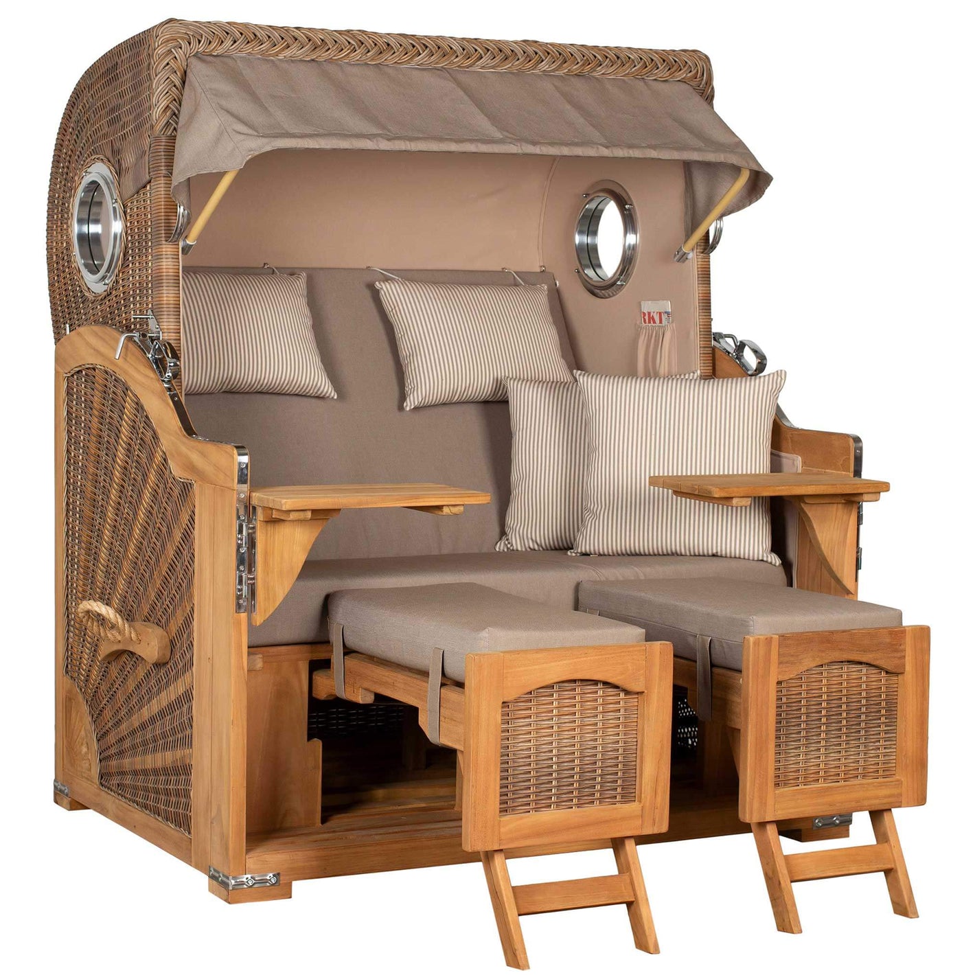 Strandkorb Mr. Deko Düne Grande Bullaugen Teak PE banana 2,5-Sitzer Dessin 534