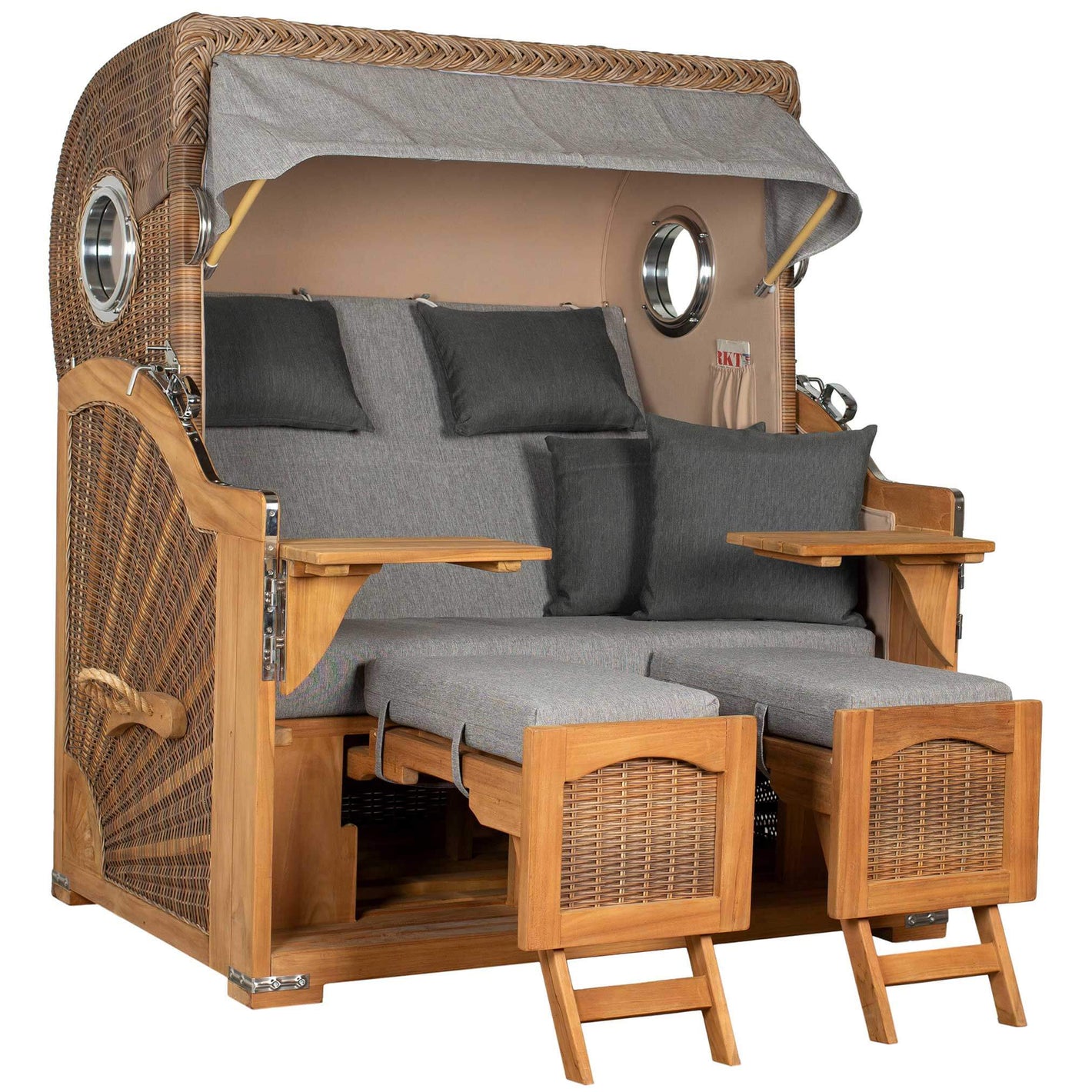 Strandkorb Mr. Deko Düne Grande Bullaugen Teak PE banana 2,5-Sitzer Dessin 570