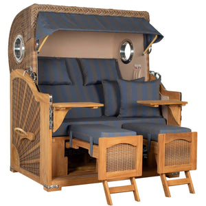 Komplettpaket - Strandkorb Düne Grande 2,5 Sitzer Bullaugen Teak PE banana Dessin 582 blau anthrazit