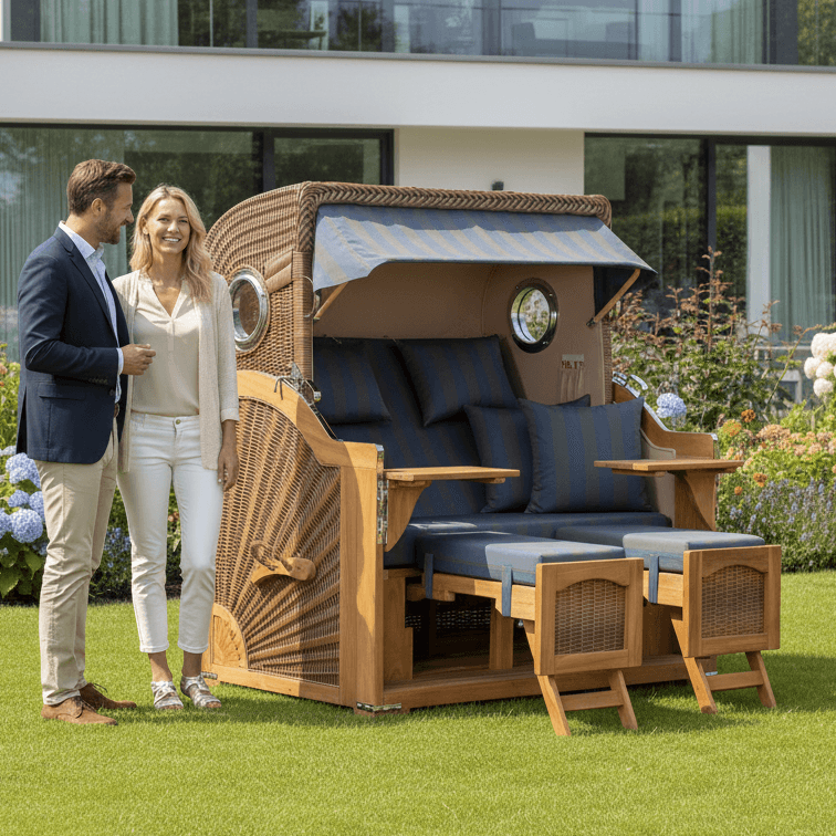 Strandkorb Düne Grande 2,5 Sitzer Teak PE banana mit Bullaugen und blau anthrazit Polstern im Garten mit Paar